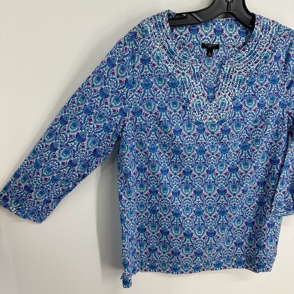 Talbots Batik Print Tunic Top Embroidered Cotton 3/4 Sleeves Casual Blue - Picture 4 of 7